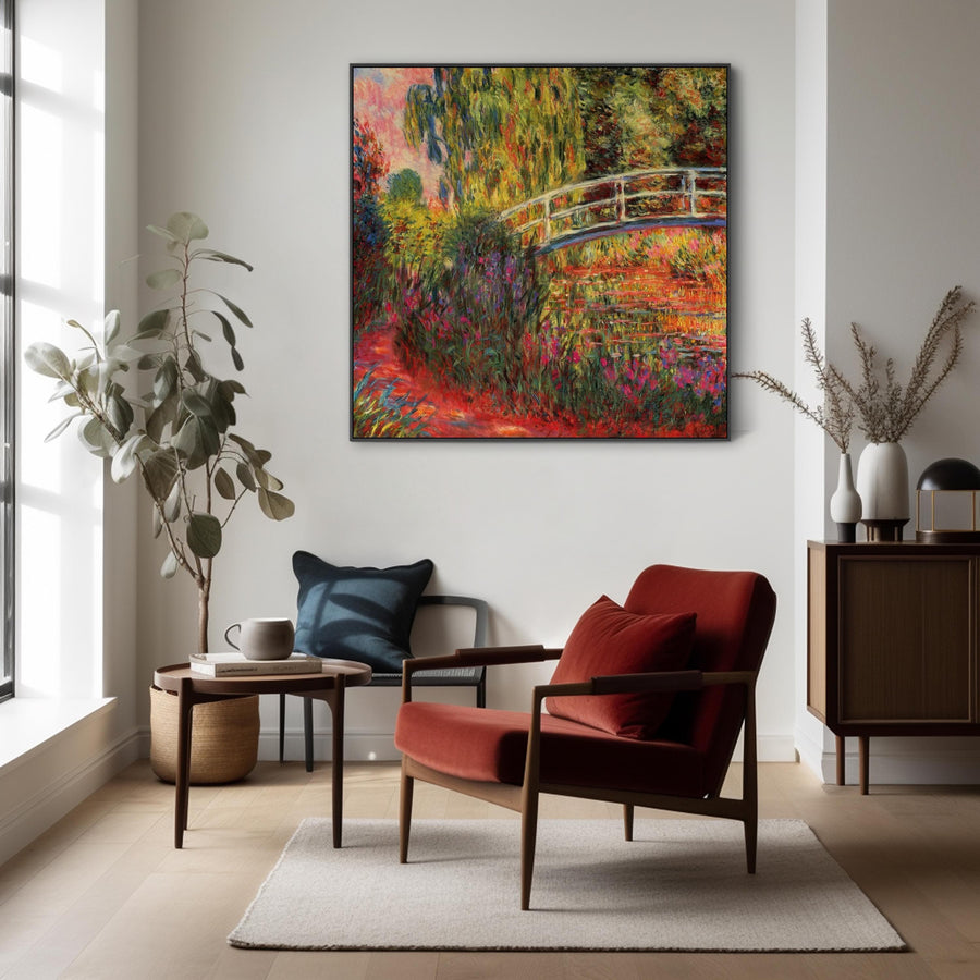 Large Colourful Claude Monet Wall Art Framed Canvas Print of Japanese Bridge Water Lily Pond Painting - 100cm x 100cm