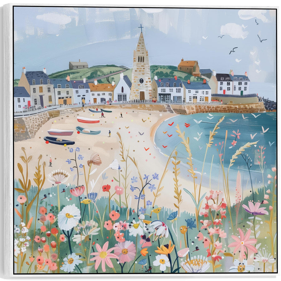 Coastal Cornish Harbour Wall Art Framed Canvas Print of Cornwall Seaside Painting - 100cm x 100cm