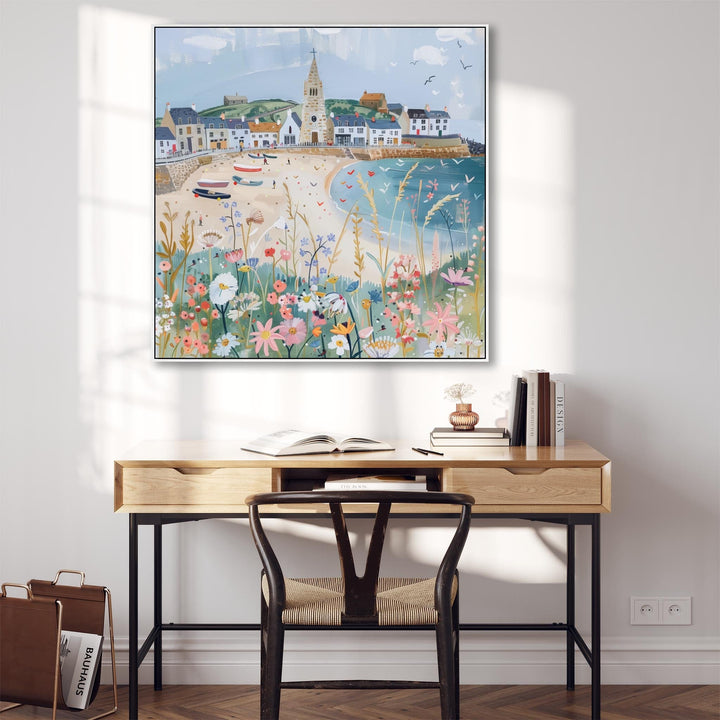 Coastal Cornish Harbour Wall Art Framed Canvas Print of Cornwall Seaside Painting - 100cm x 100cm - FFs-2273-N-XL