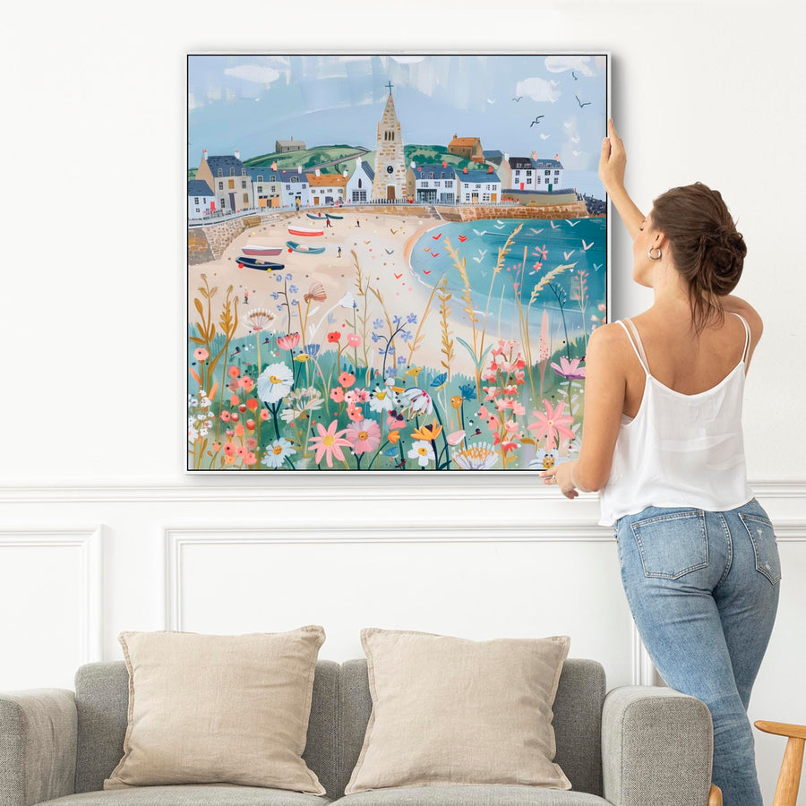 Coastal Cornish Harbour Wall Art Framed Canvas Print of Cornwall Seaside Painting - 100cm x 100cm