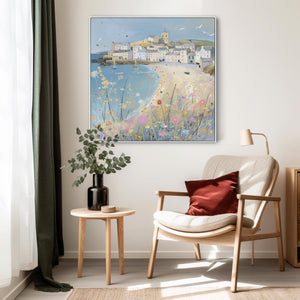 Coastal Cornwall Wall Art Framed Canvas Print of Cornish Harbour Painting - 100cm x 100cm