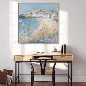 Coastal Cornwall Wall Art Framed Canvas Print of Cornish Harbour Painting - 100cm x 100cm