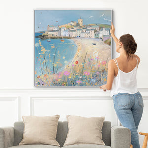 Coastal Cornwall Wall Art Framed Canvas Print of Cornish Harbour Painting - 100cm x 100cm