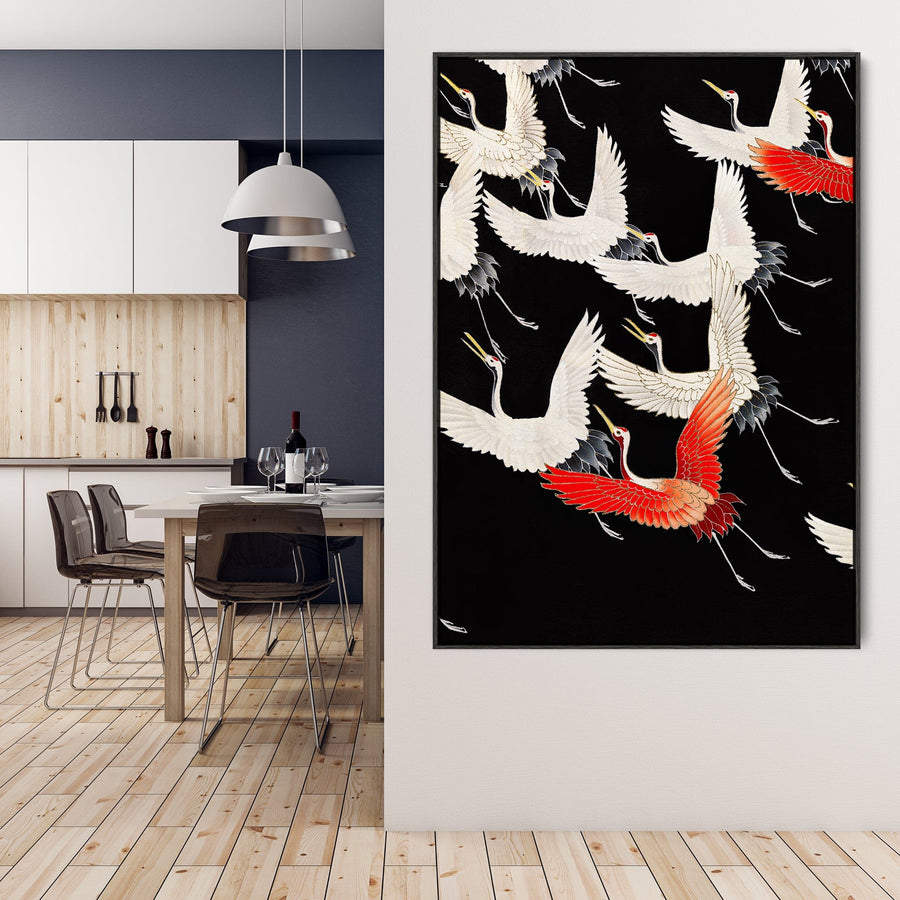 Japanese Birds Wall Art Framed Canvas Print of Flying Cranes