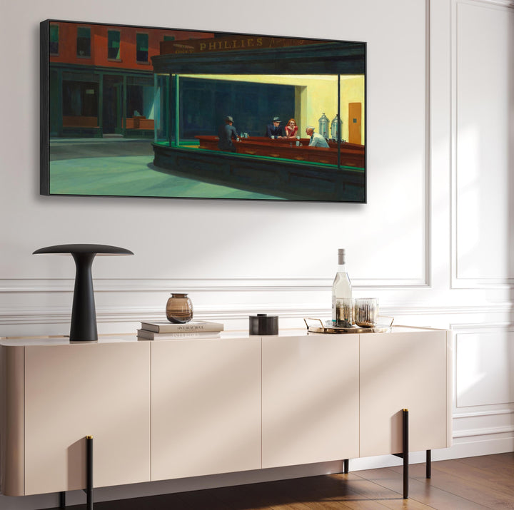 Edward Hopper - Framed Wall Art Print Canvas Picture - Nighthawks - FFwide-2556-B-L