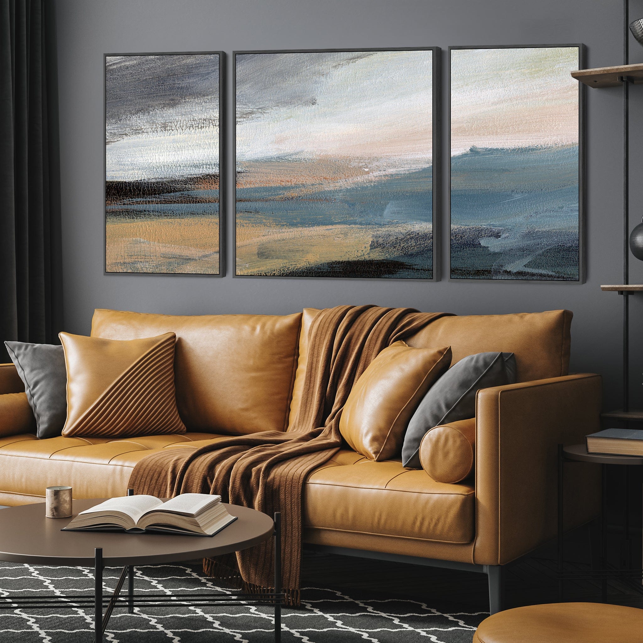 Extra Large Framed Abstract Artwork for Living Room - Blue Grey Canvas