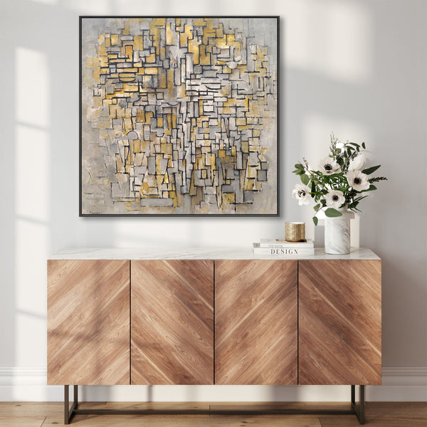 Large Yellow Grey Modern Framed Abstract Canvas - Piet Mondrian
