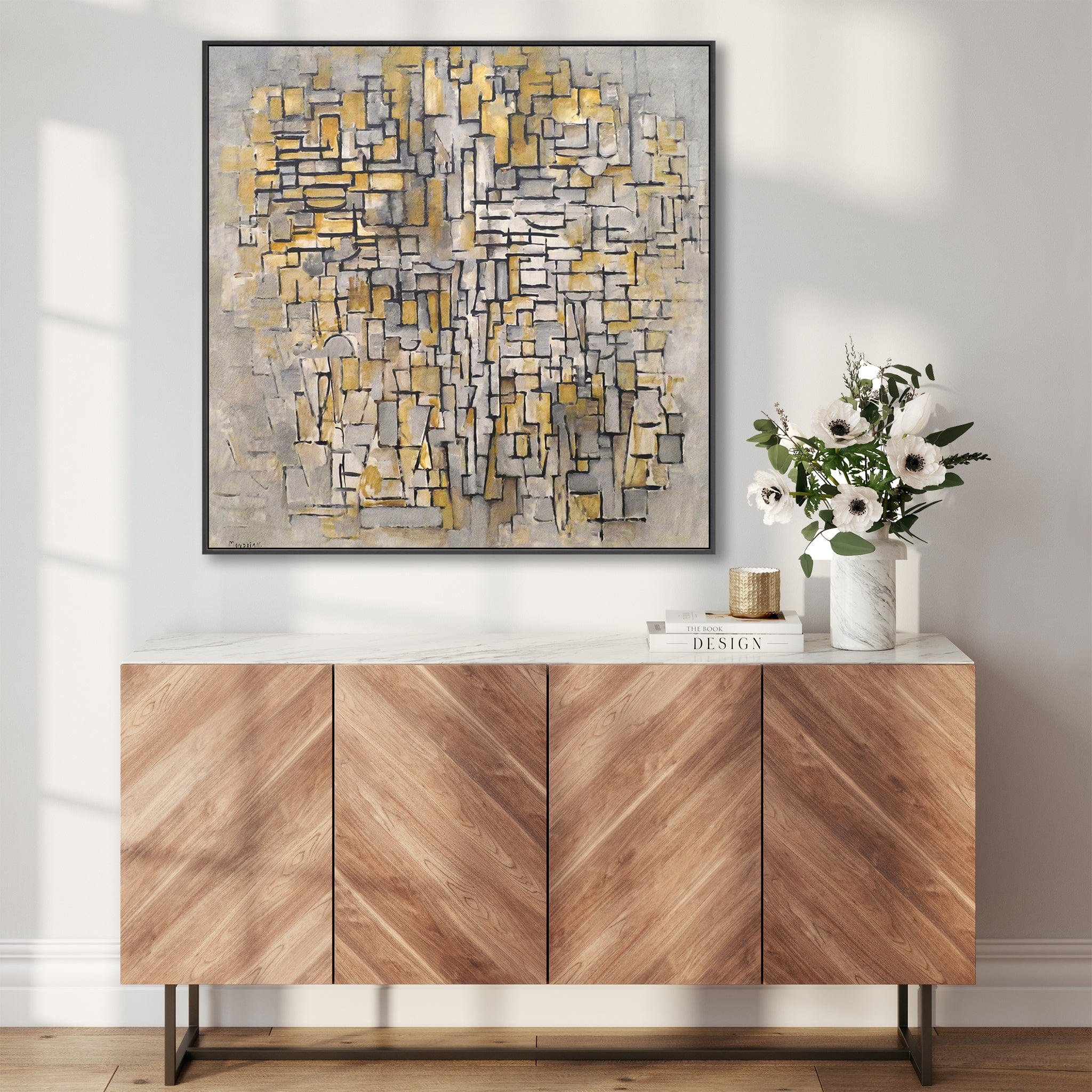 Large Yellow Grey Modern Framed Abstract Canvas Piet Mondrian