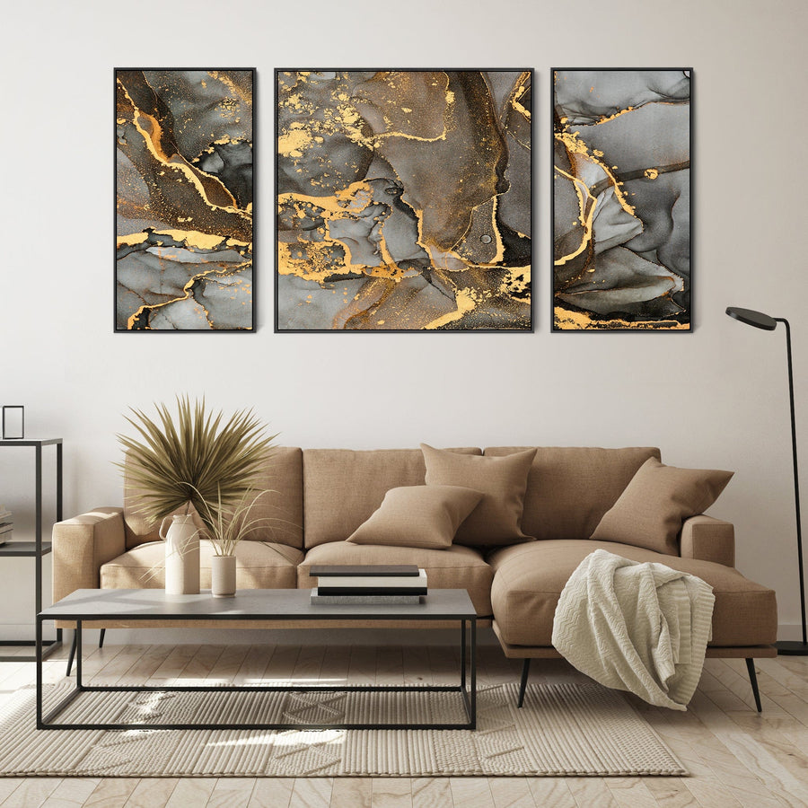 Extra Large Framed Wall Art Pictures for Living Room - Grey Black Gold Abstract Marble - Set of 3 - XXL 212cm Wide