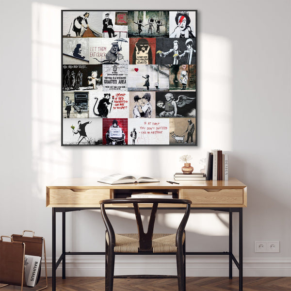 Extra Large Banksy Collage Framed Canvas Wall Art Print - XXL Graffiti Street Art Picture 100cm x 100cm