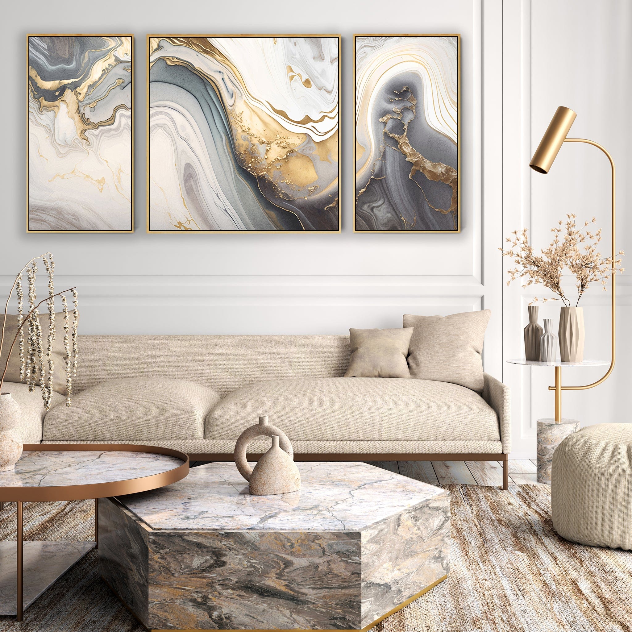 Large Modern Grey Gold Abstract Wall Art for Living Room Framed