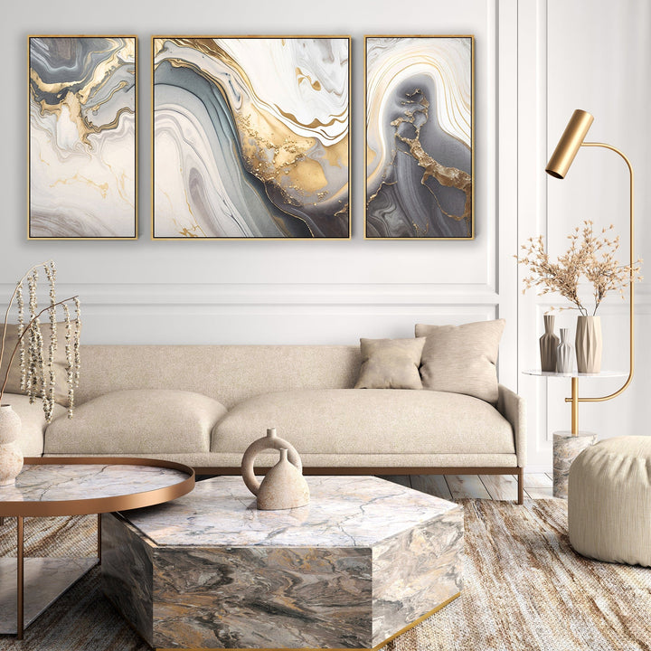 Large Modern Grey Gold Abstract Wall Art for Living Room - Framed Set of 3 - 212cm Wide - 3AF2144XXL-G