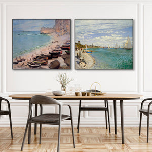 Extra Large Claude Monet Boats Beach Pair of Blue Wall Art Framed Canvas Pictures - Set of 2