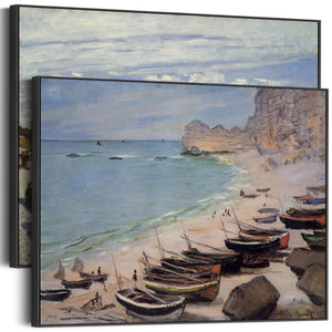 Extra Large Claude Monet Boats Beach Pair of Blue Wall Art Framed Canvas Pictures - Set of 2