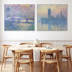 Extra Large Claude Monet Thames London Pair of Blue Wall Art Framed Canvas Impressionist Pictures - Set of 2