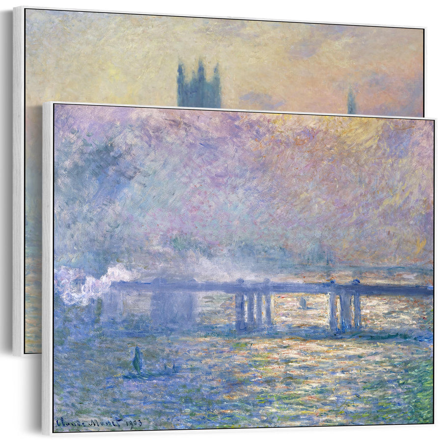 Extra Large Claude Monet Thames London Pair of Blue Wall Art Framed Canvas Impressionist Pictures - Set of 2