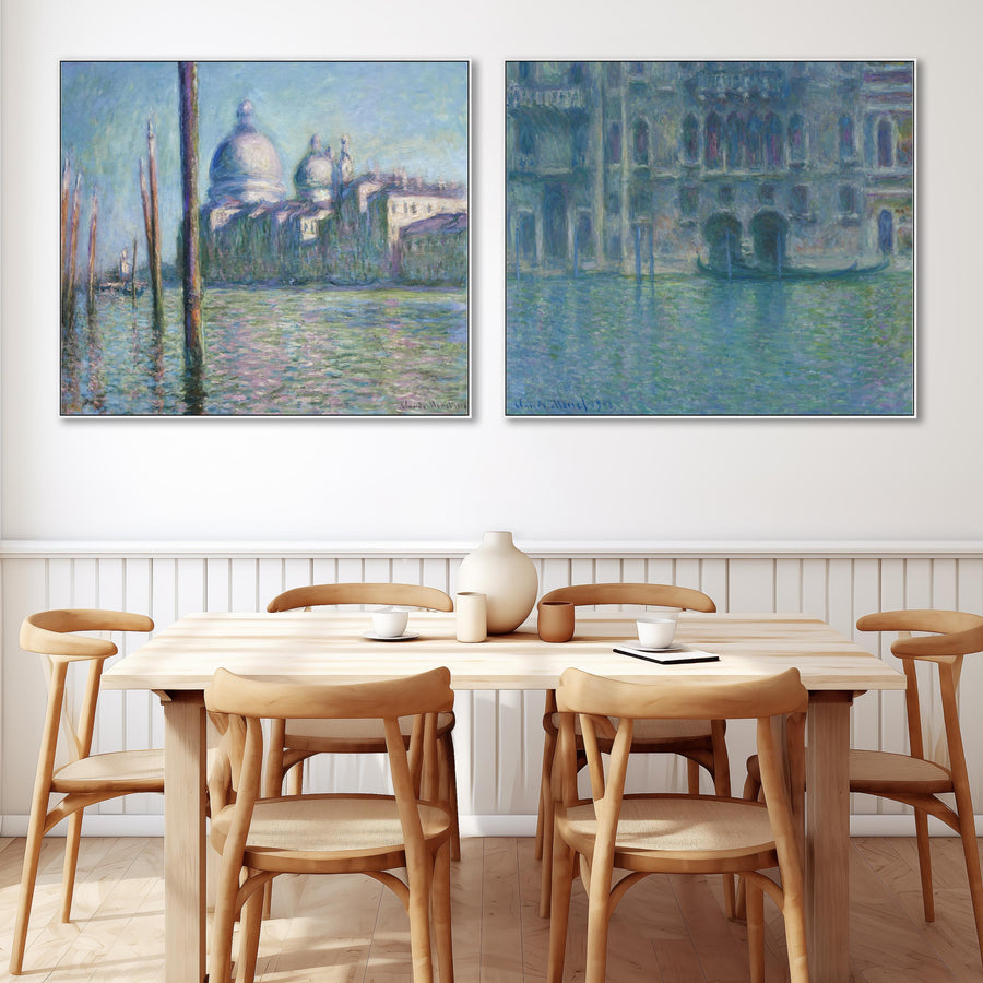 Extra Large Claude Monet Venice Pair of Blue Wall Art Framed Canvas Impressionist Pictures - Set of 2