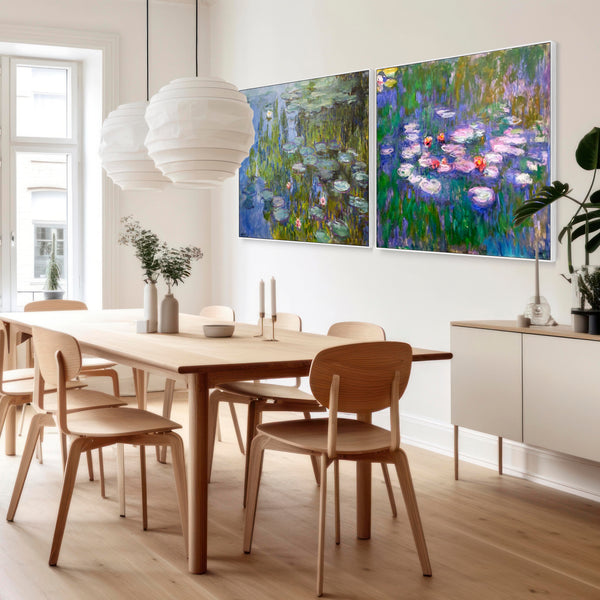 Extra Large Claude Monet Water Lilies Nympheas Pair of Blue Wall Art Framed Canvas Impressionist Pictures - Set of 2