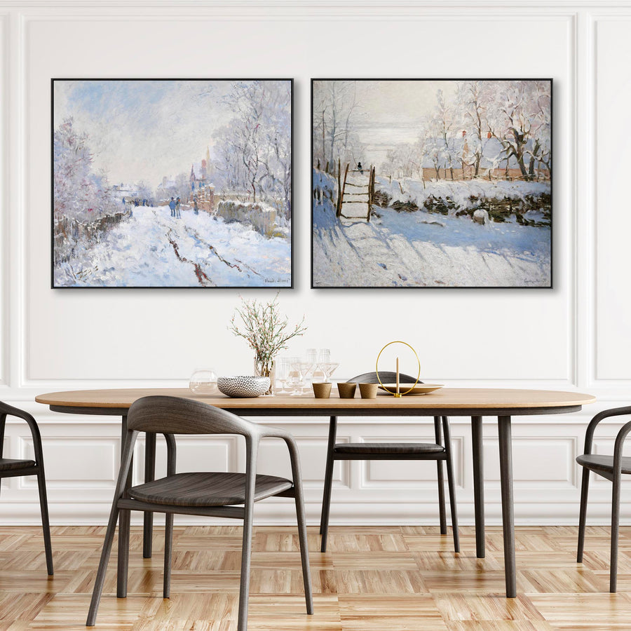 Extra Large Claude Monet Winter Snow Scene Pair of Wall Art Framed Canvas Landscape Pictures - Set of 2