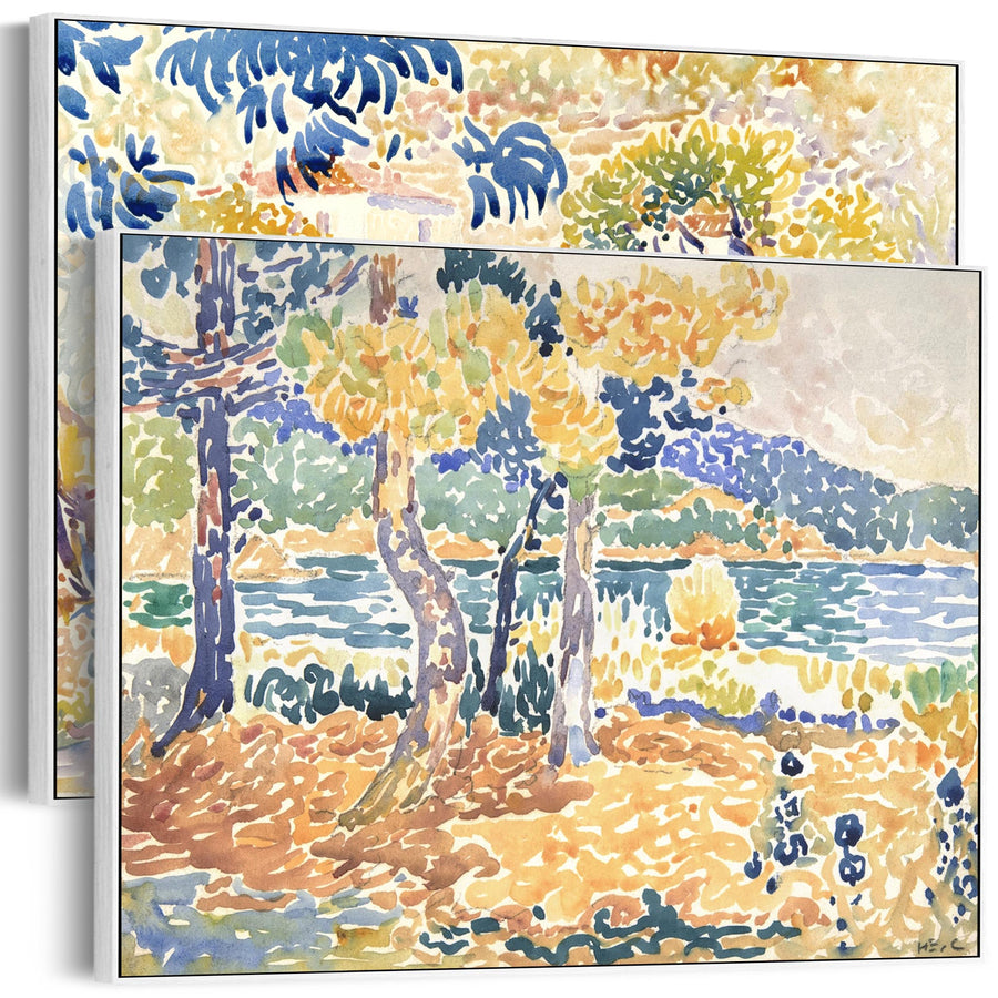 Extra Large Colourful Henri Edmond Cross Pair of Multi Coloured Landscape Wall Art Framed Canvas - Set of 2