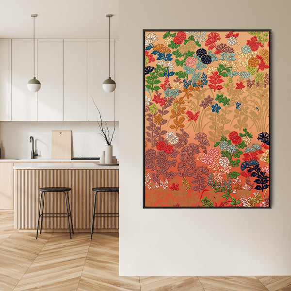 Large Colourful Japanese Wall Art Framed Multi Coloured Floral Canvas Print