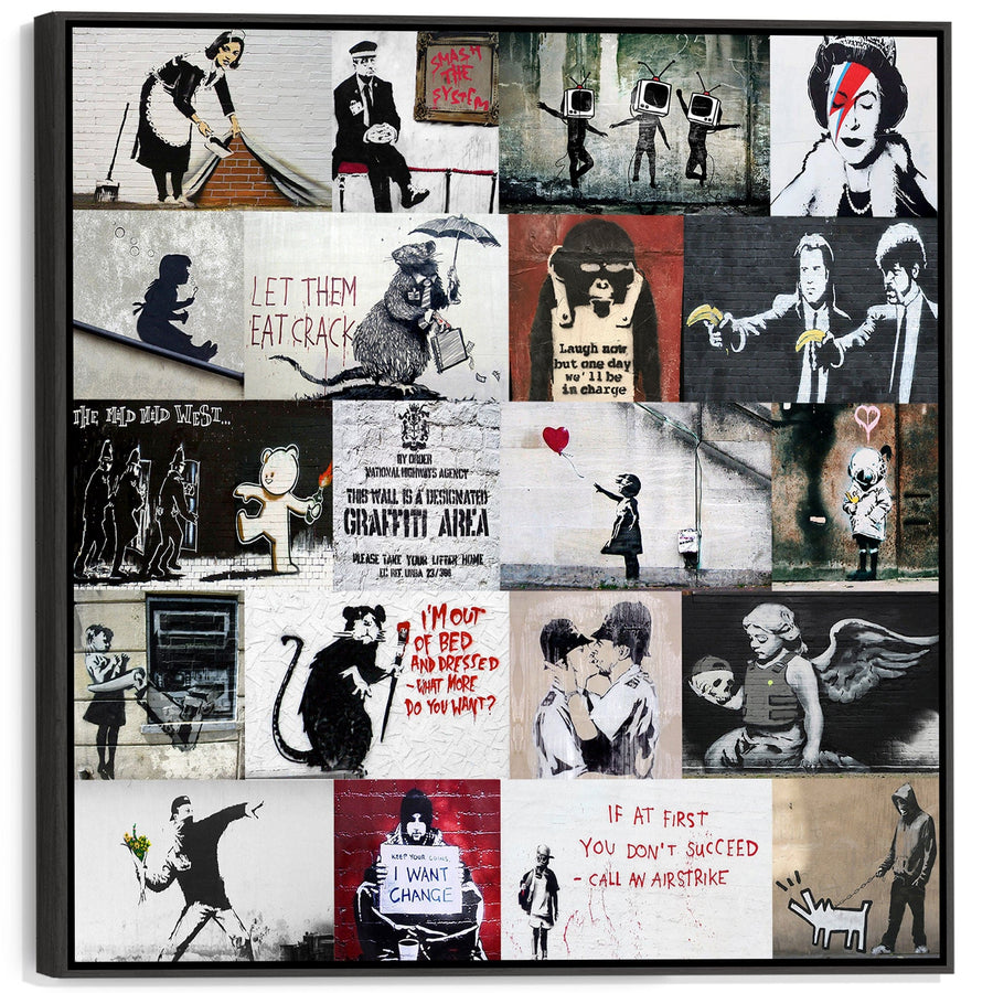 Extra Large Banksy Collage Framed Canvas Wall Art Print - XXL Graffiti Street Art Picture 100cm x 100cm