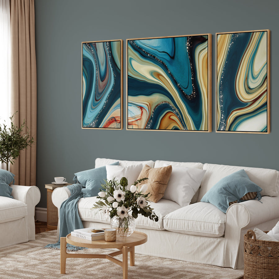Extra Large Framed Wall Art Pictures for Living Room - Teal Blue Abstract - Set of 3 - XXL 212cm Wide