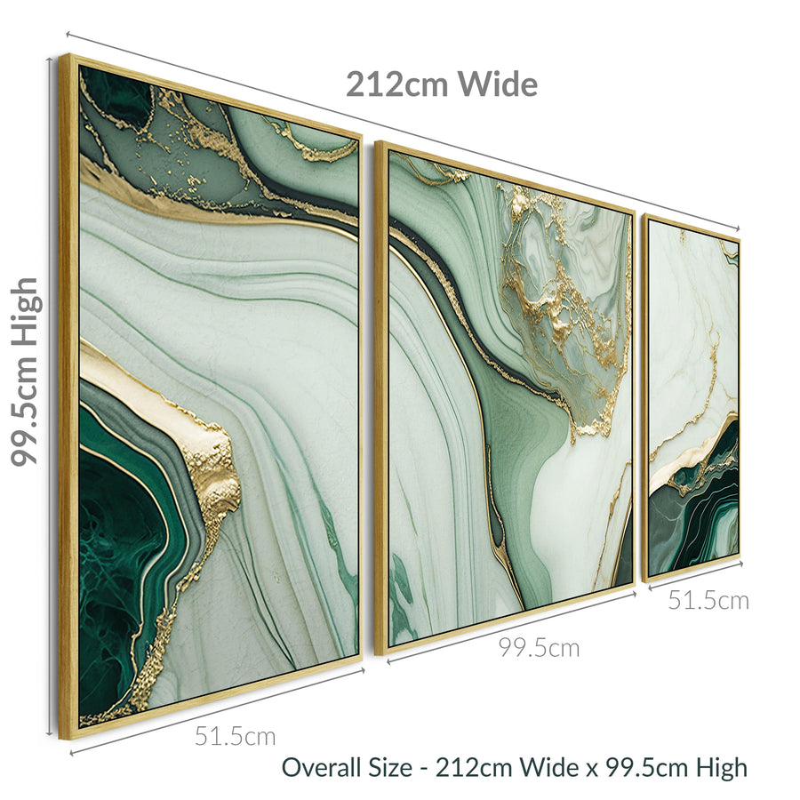 Extra Large Abstract Framed Canvas Wall Art - Green Gold - Set of 3 Pi ...