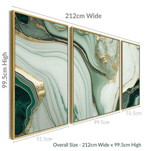 Extra Large Abstract Framed Canvas Wall Art - Green Gold - Set of 3 Pictures