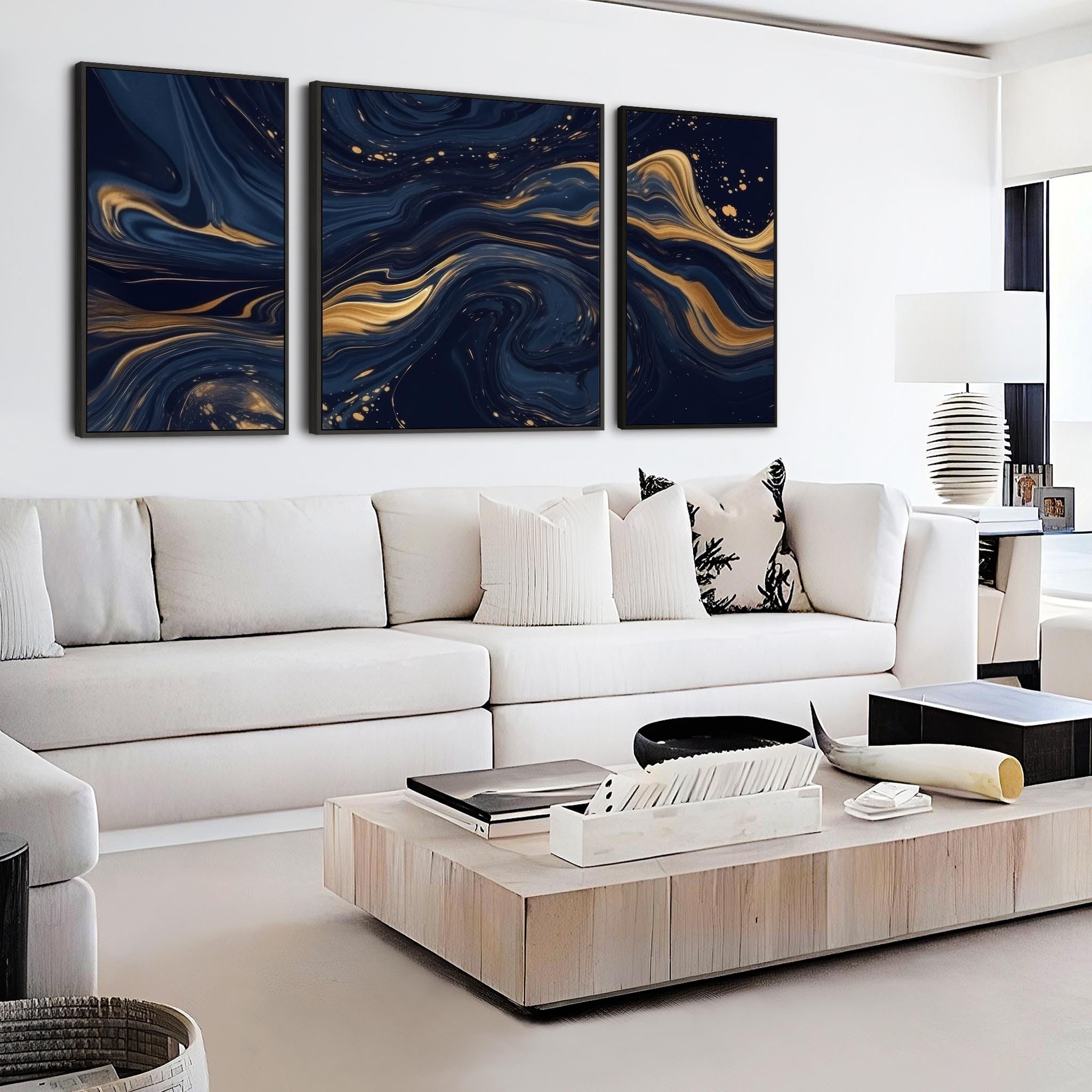 Large Navy Blue Gold Wall Art - Abstract Framed Canvas Set of 3 XXL