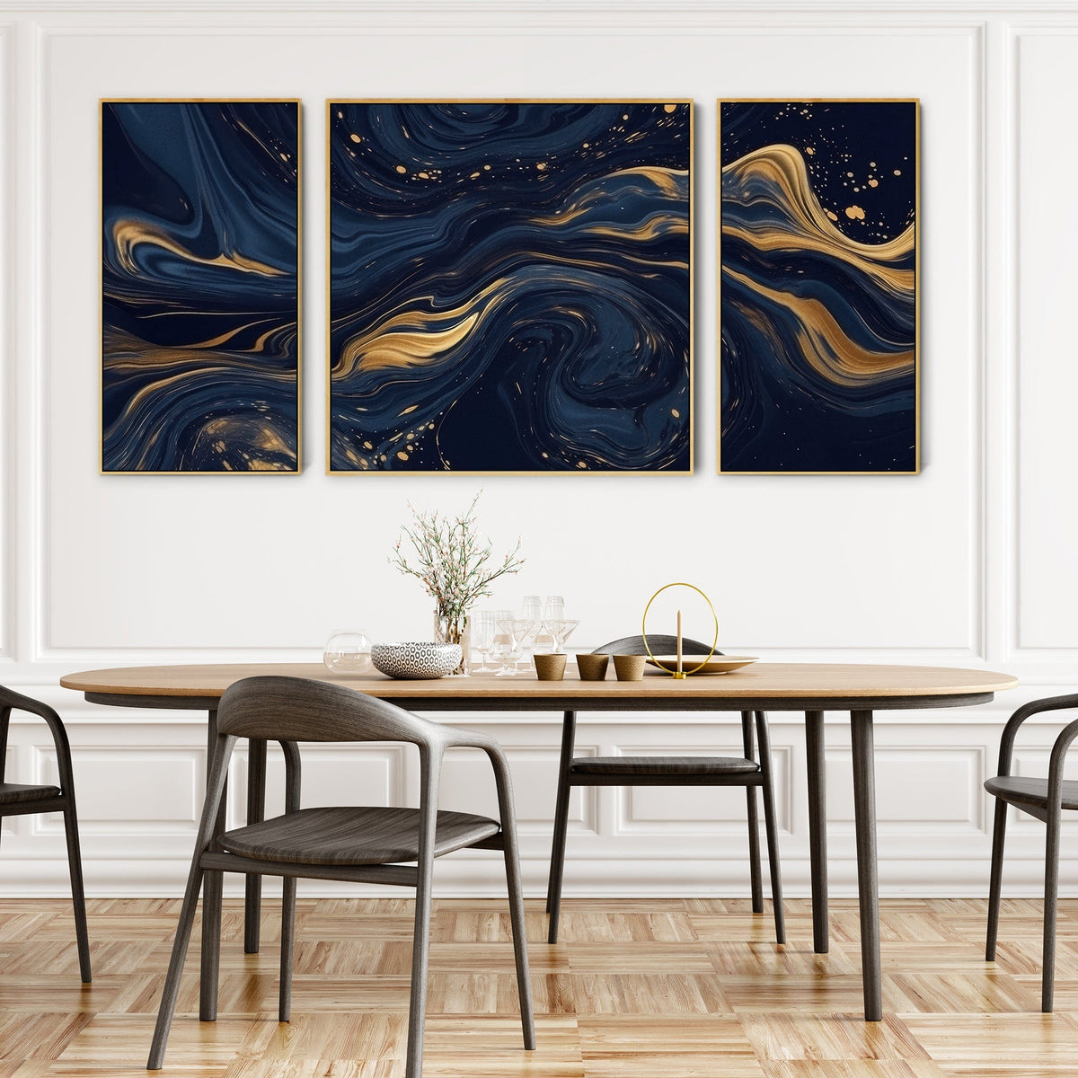 Large Navy Blue Gold Wall Art - Abstract Framed Canvas Set of 3 XXL ...