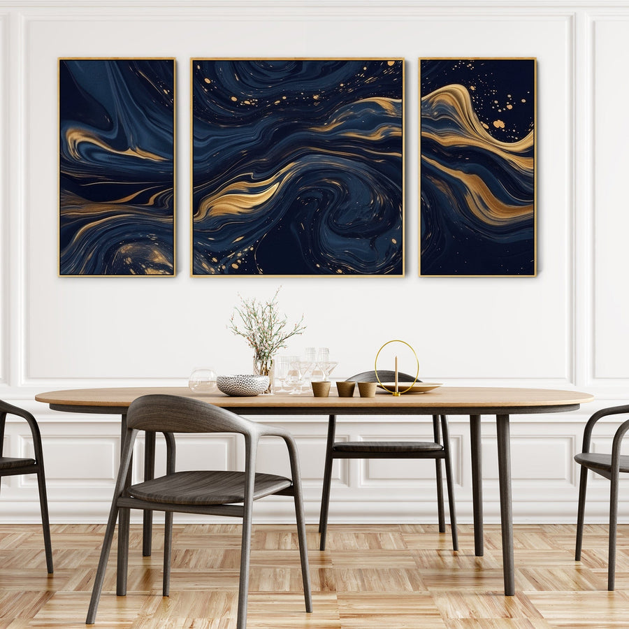 Large Navy Blue Gold Wall Art - Abstract Framed Canvas Set of 3 XXL