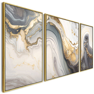 Large Modern Grey Gold Abstract Wall Art for Living Room - Framed Set of 3 - 212cm Wide