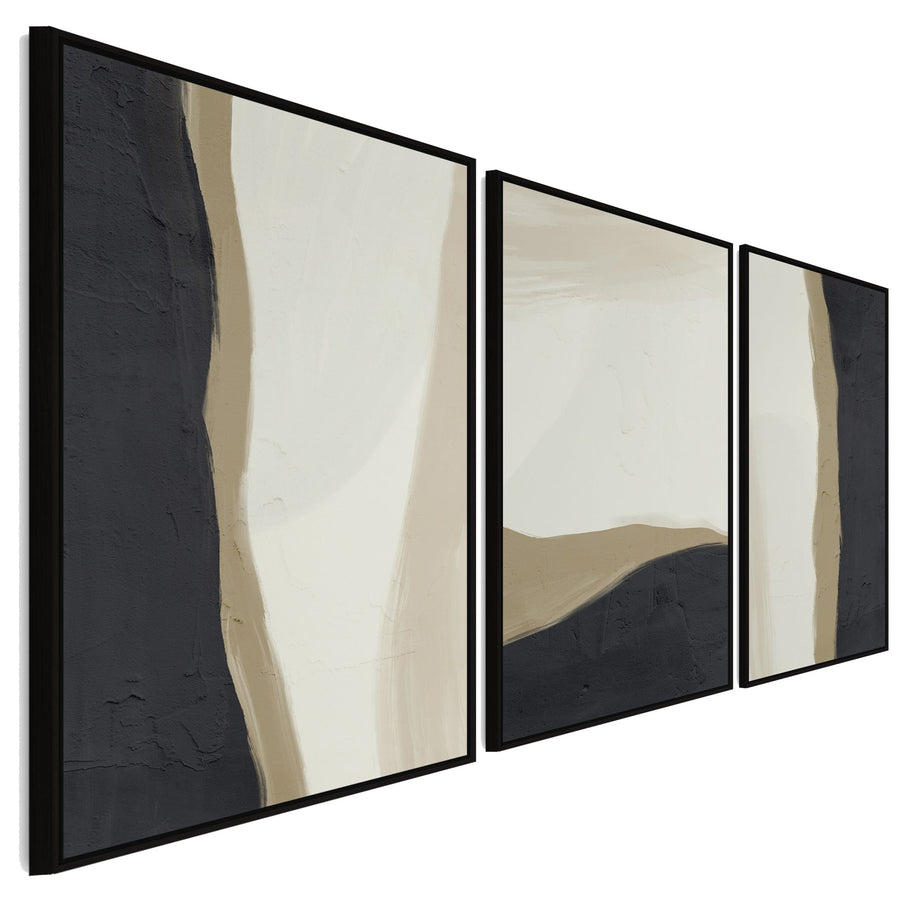 Large Set of 3 Wall Art For Living Room - Framed Abstract Black Cream