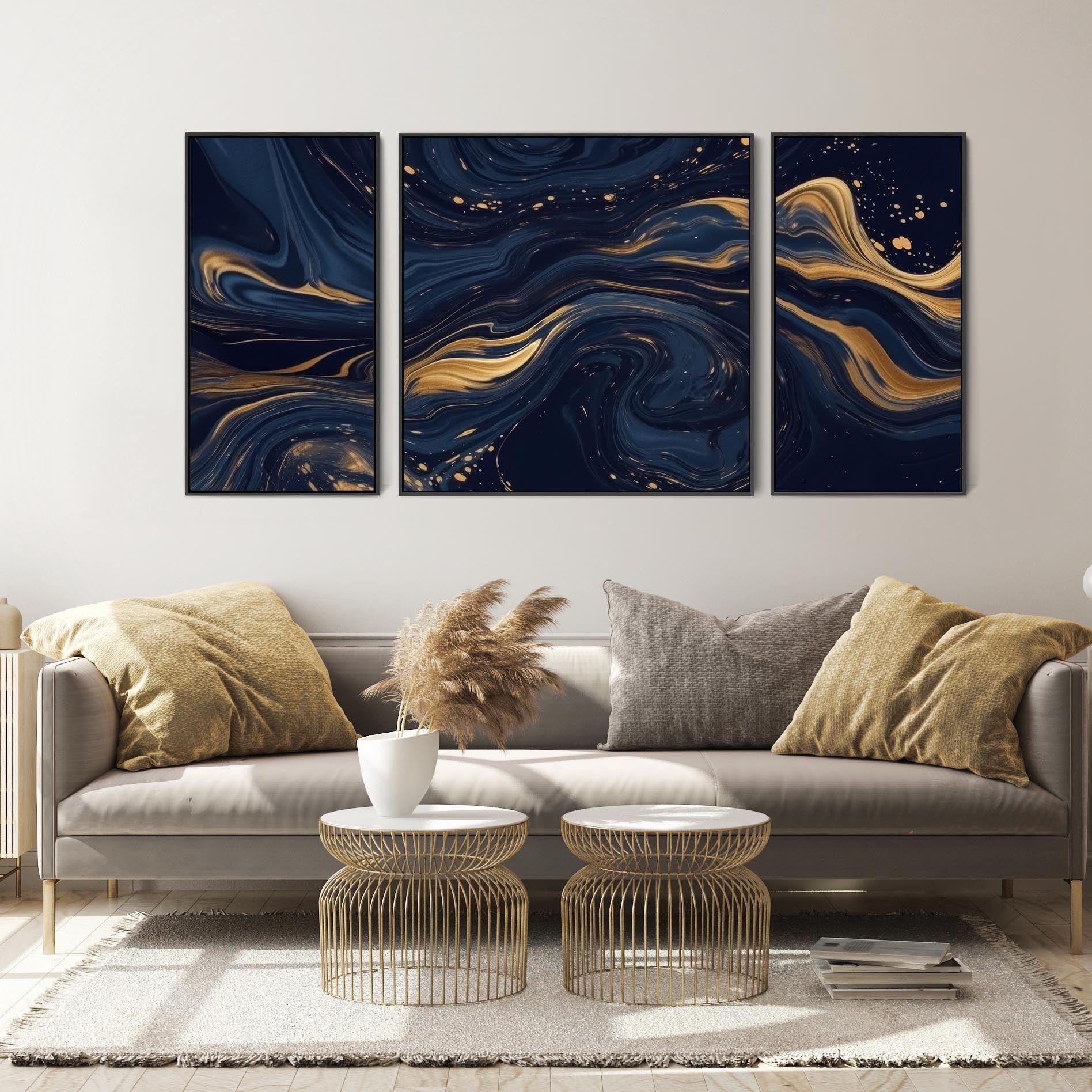 Large Navy Blue Gold Wall Art - Abstract Framed Canvas Set of 3 XXL