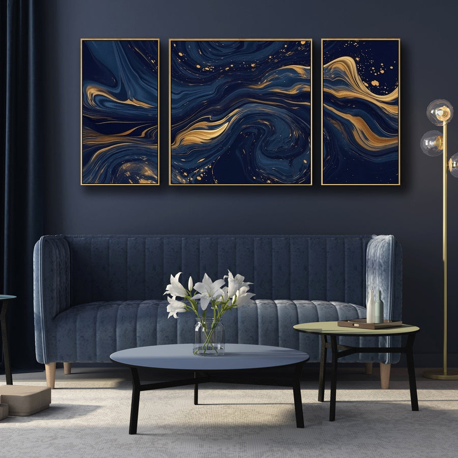 Large Navy Blue Gold Wall Art - Abstract Framed Canvas Set of 3 XXL