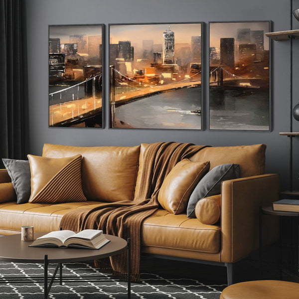 Extra Large Framed Wall Art Pictures for Living Room - NYC Set of 3 - New York City Skyline at Night - XXL 212cm Wide