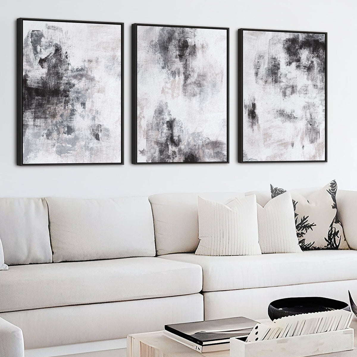Extra Large Wall Art - Set of 3 - Black White Framed Abstract - 2094 ...