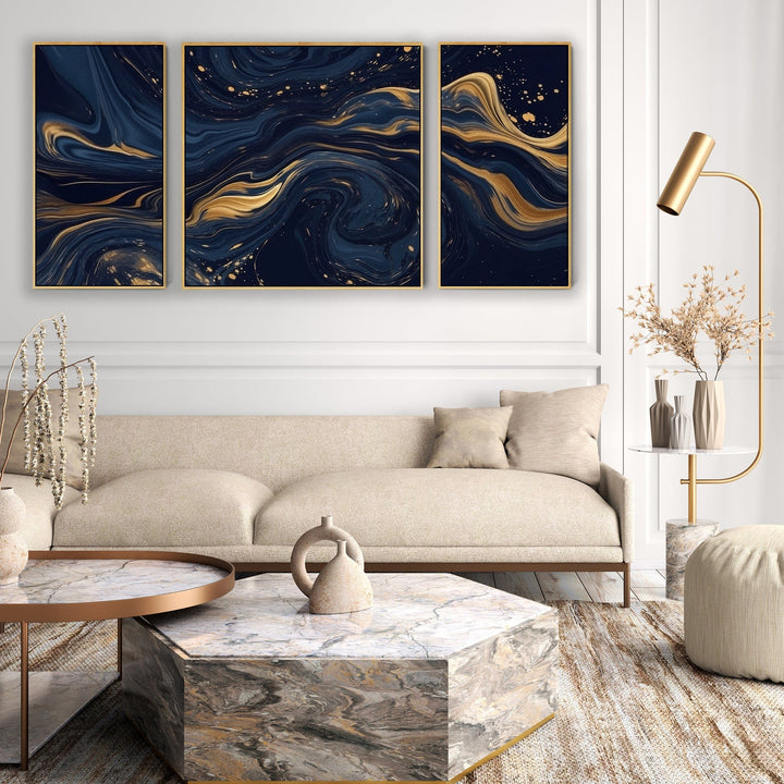 Large Navy Blue Gold Wall Art - Abstract Framed Canvas Set of 3 XXL - 3AF2141XXL-G