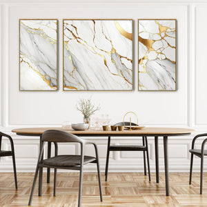 Large White Gold Abstract Framed Wall Art - Modern Set of 3 - XXL 212cm Wide