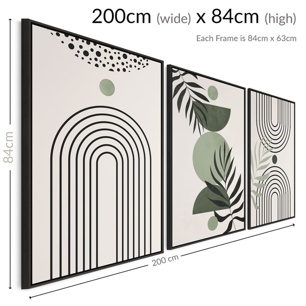 Boho Wall Art - Framed Set of 3 - Extra Large - Green Canvas