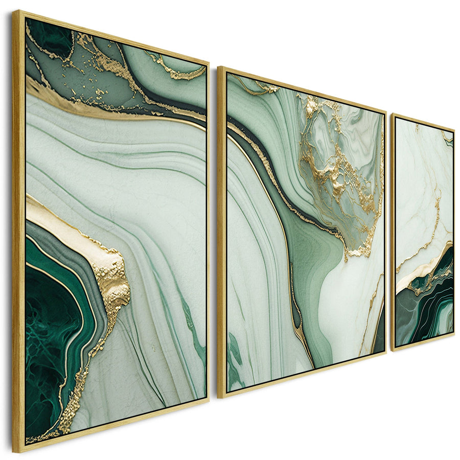 Extra Large Abstract Framed Canvas Wall Art - Green Gold - Set of 3 Pictures