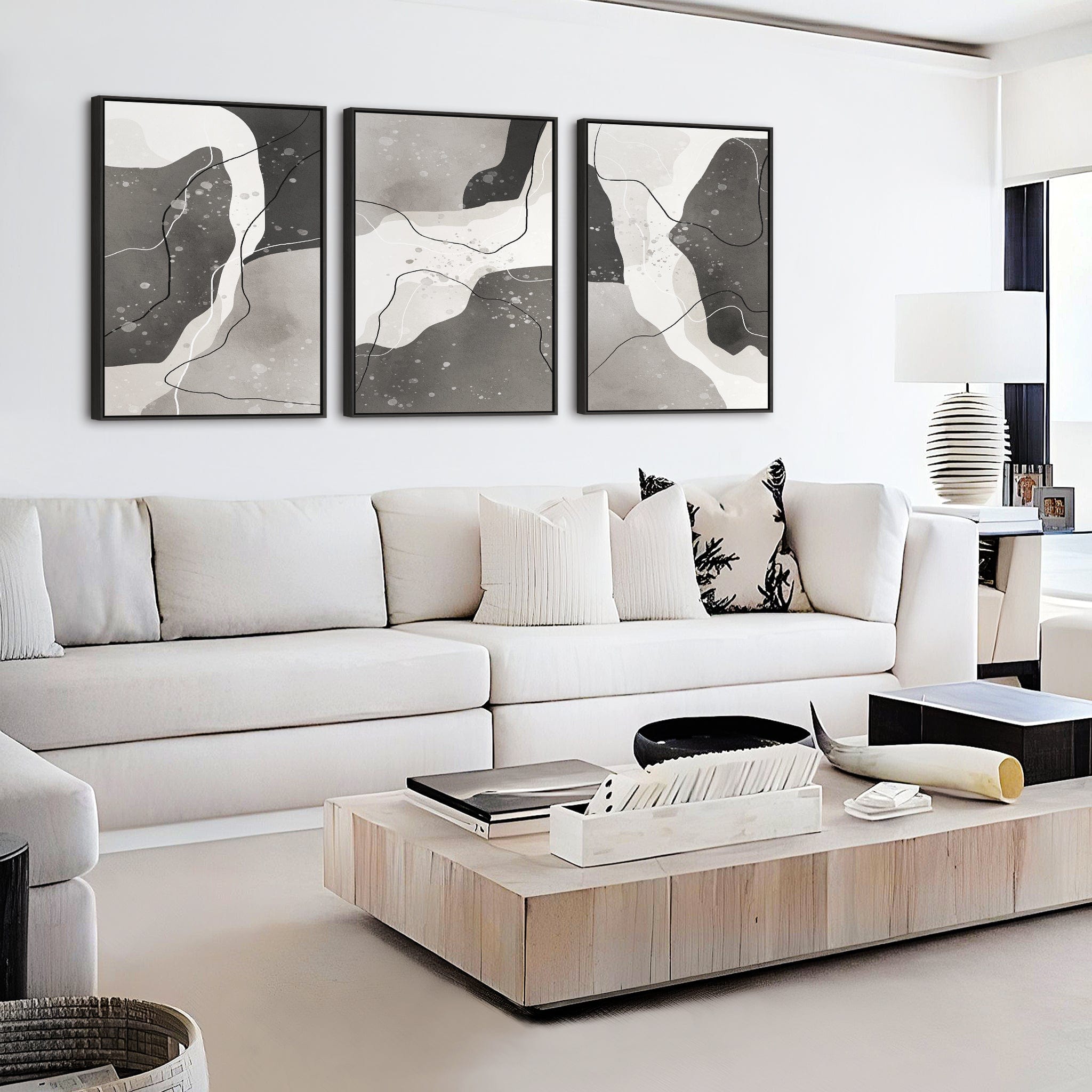 Large Grey Wall Art for Living Room - XL Set of 3 Framed Canvas Pictur