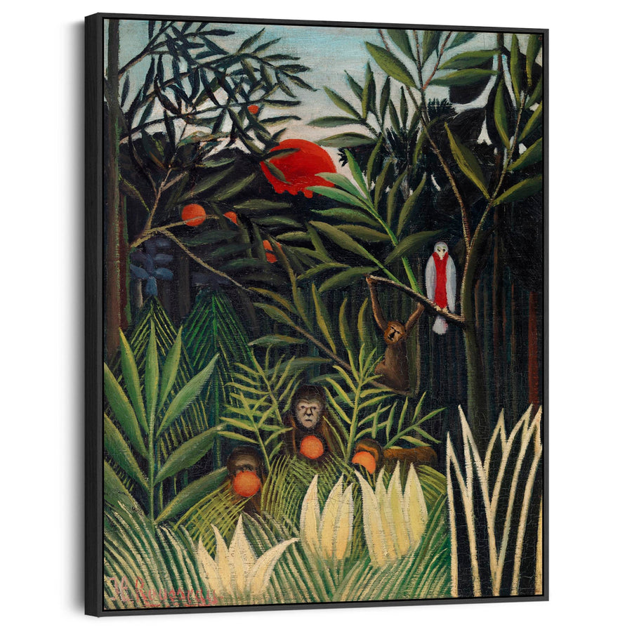 Extra Large Henri Rousseau Wall Art Framed Canvas Monkey and Parrot in Virgin Forest Painting