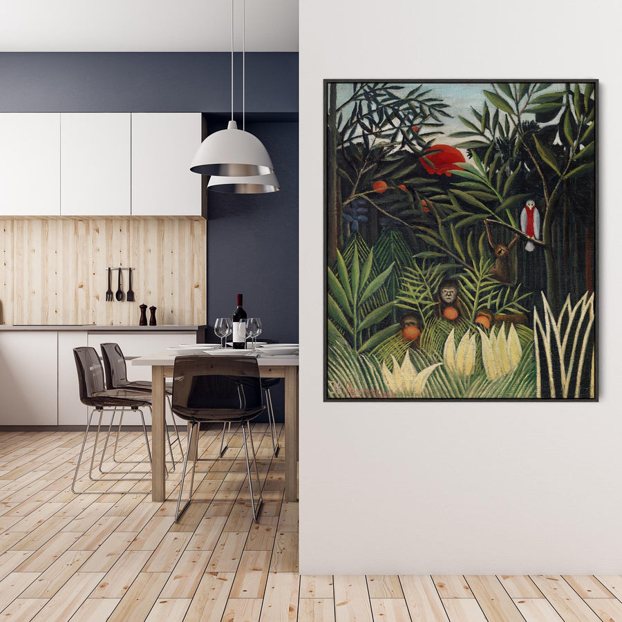 Extra Large Henri Rousseau Wall Art Framed Canvas Monkey and Parrot in Virgin Forest Painting