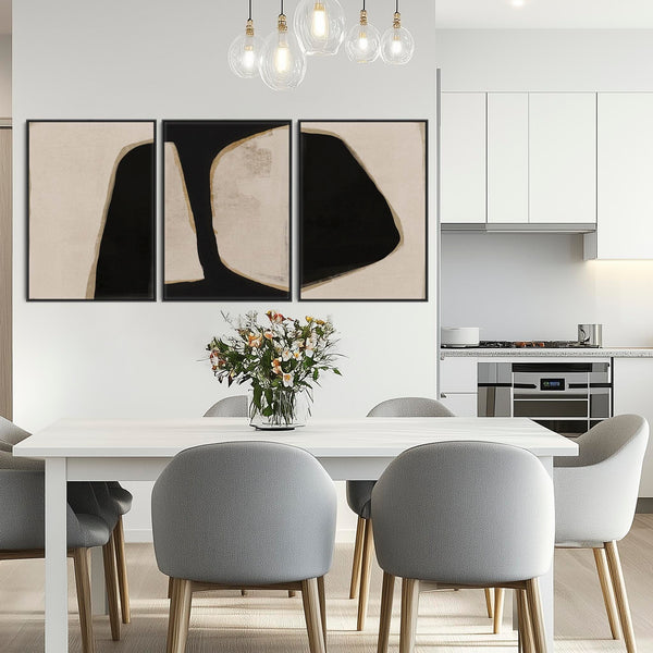Large Beige Black Abstract Wall Art - Framed Canvas Set of 3