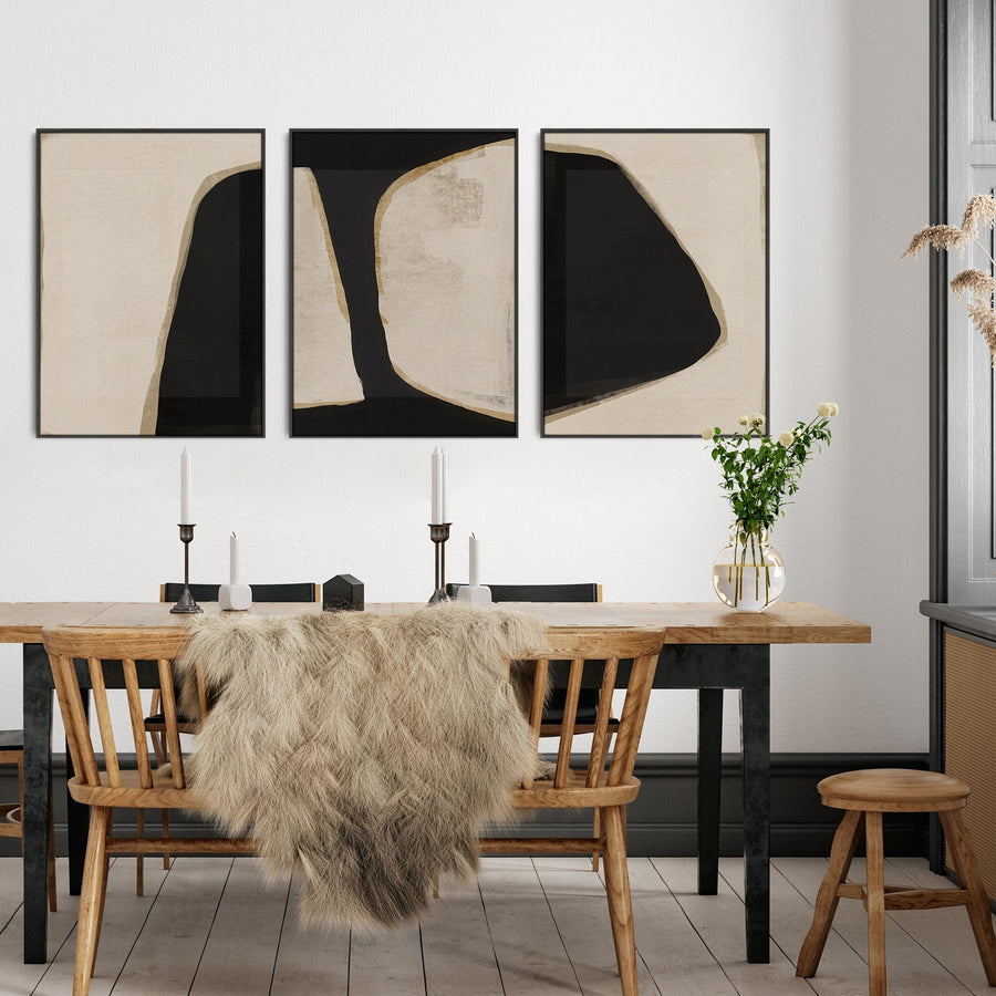 Large Beige Black Abstract Wall Art - Framed Canvas Set of 3