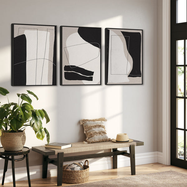 Large Abstract Neutral Wall Art for Living Room - Set of 3 Framed Canvas Pictures