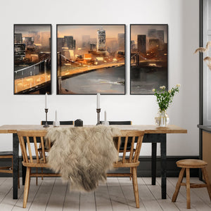 Extra Large Framed Wall Art Pictures for Living Room - NYC Set of 3 - New York City Skyline at Night - XXL 212cm Wide