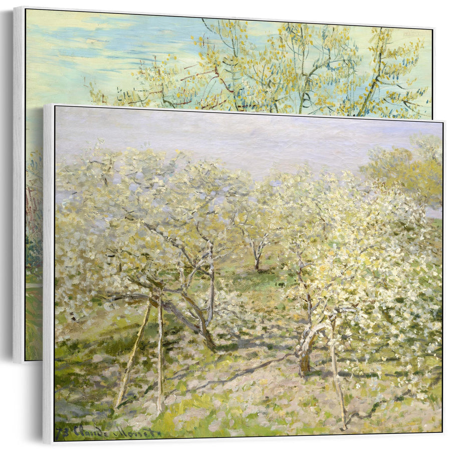 Extra Large Green Pair of Impressionist Wall Art Framed Canvas Pictures - Monet and Van Gogh Orchard Tree Paintings